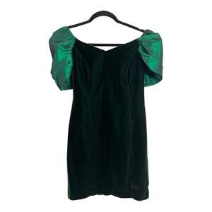Off-Shoulder Velvet Midi Dress with Satin Puff Sleeves - Green